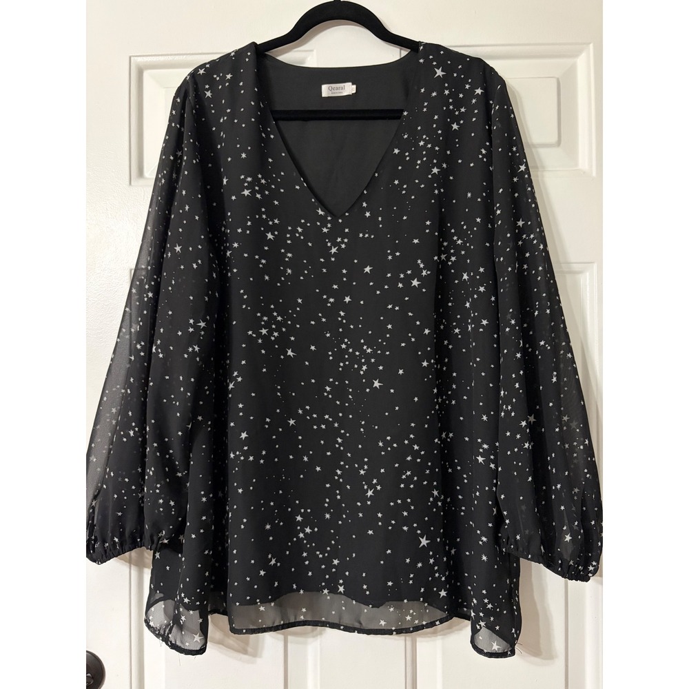 Qearal | Star Print Plus size V-Neck Blouse | XXL || Black|
